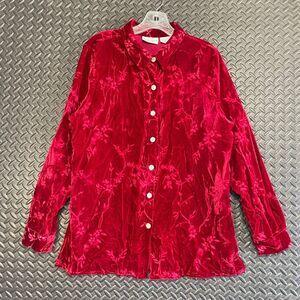 Jaclyn Smith Classic Red Suede Floral Rayon Blend Button Up Shirt Women's Size L